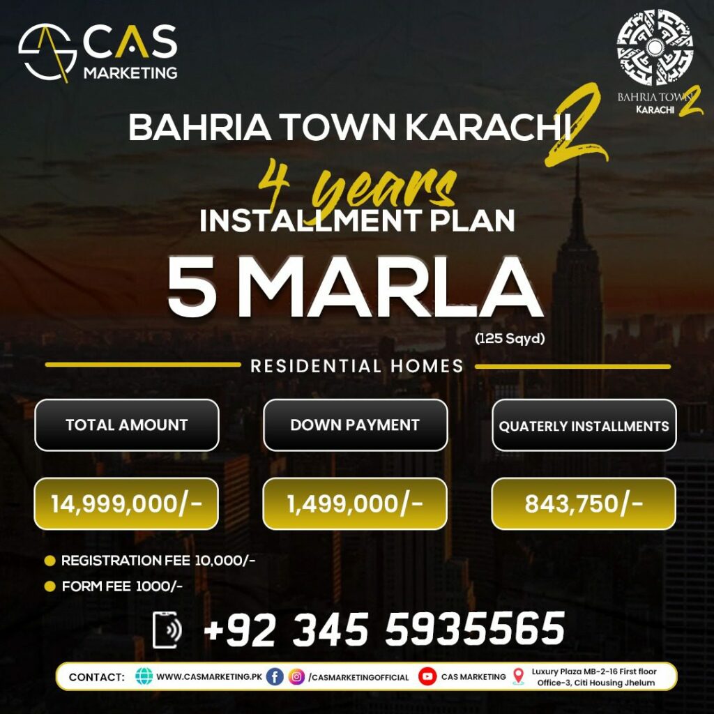 Bahria Town Karachi 2 Residential Homes Payment Plan